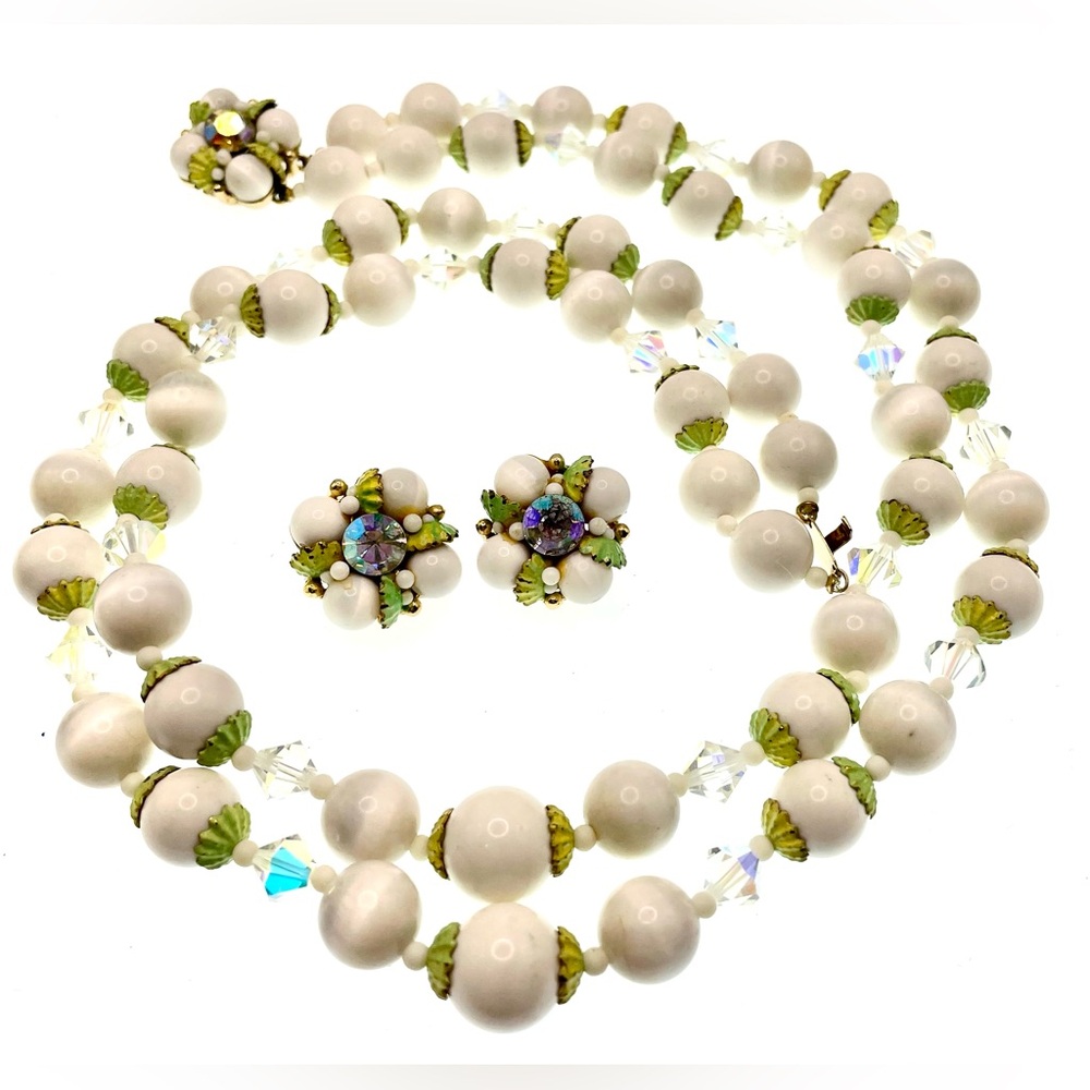 Vintage MCM Double Strand Acrylic Bead Faceted Crystals Necklace with Earrings - Picture 8 of 13